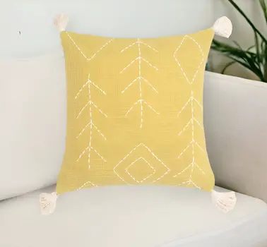18" Yellow and White Geometric Cotton Throw Pillow Cover With Embroidery, Tassels