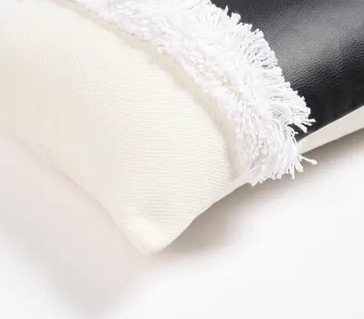 12" X 20" Black and White Patchwork Cotton Blend Throw Pillow Cover With Shag