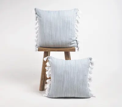 Set of Two Gray and White Linen Cotton Throw Pillow Cover With Tassels