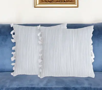Set of Two Gray and White Linen Cotton Throw Pillow Cover With Tassels