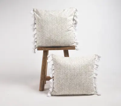 Set of Two Brown and White Chevron Cotton Throw Pillow Cover With Tassels