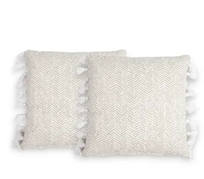 Set of Two Brown and White Chevron Cotton Throw Pillow Cover With Tassels