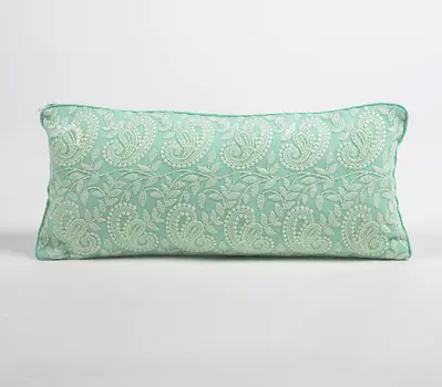 6" X 14" Blue Green Paisley Cotton Throw Pillow Cover With Embroidery