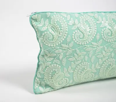 6" X 14" Blue Green Paisley Cotton Throw Pillow Cover With Embroidery
