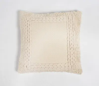 18" Beige Cotton Blend Throw Pillow Cover With Fringe