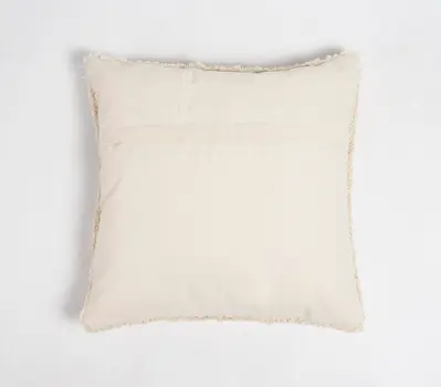 18" Beige Cotton Blend Throw Pillow Cover With Fringe