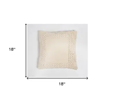 18" Beige Cotton Blend Throw Pillow Cover With Fringe