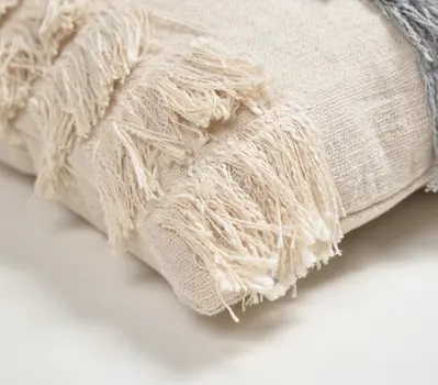 18" Beige and Gray Striped Cotton Throw Pillow Cover With Fringe