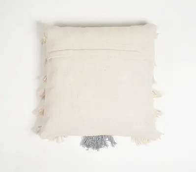 18" Beige and Gray Striped Cotton Throw Pillow Cover With Fringe