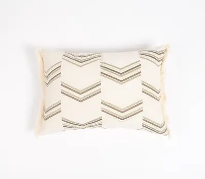14" X 20" Green and Ivory Chevron Cotton Throw Pillow Cover With Embroidery, Fringe