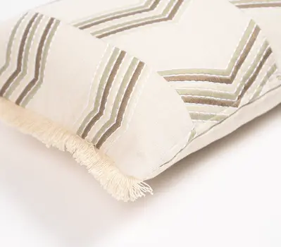 14" X 20" Green and Ivory Chevron Cotton Throw Pillow Cover With Embroidery, Fringe