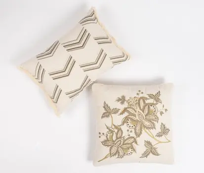 14" X 20" Green and Ivory Chevron Cotton Throw Pillow Cover With Embroidery, Fringe