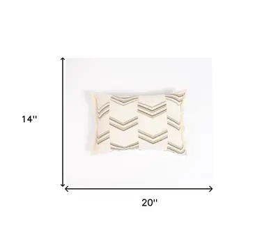 14" X 20" Green and Ivory Chevron Cotton Throw Pillow Cover With Embroidery, Fringe
