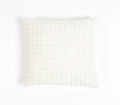 16" Beige and Gray Geometric Cotton Throw Pillow Cover With Embroidery