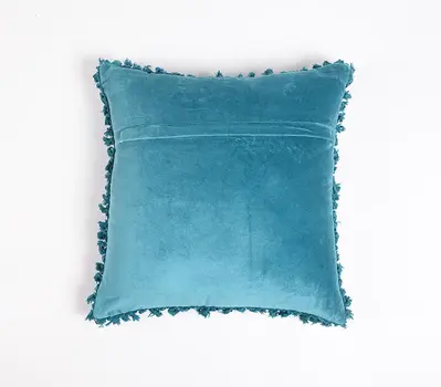 18" Blue Cotton Blend Throw Pillow Cover With Fringe