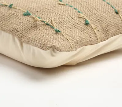 18" Beige and Green Striped Jute Throw Pillow Cover With Texture
