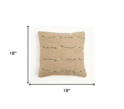 18" Beige and Green Striped Jute Throw Pillow Cover With Texture