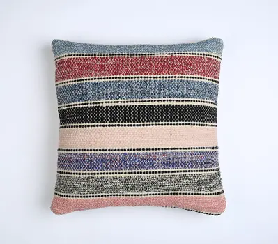 18" Beige and Black Striped Cotton Throw Pillow Cover