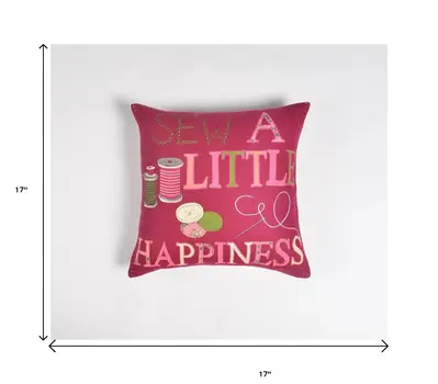 17" Pink and Green Felt Throw Pillow Cover With Embroidery
