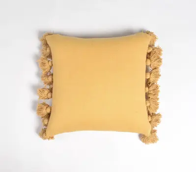 17" Mustard Cotton Throw Pillow Cover With Tassels