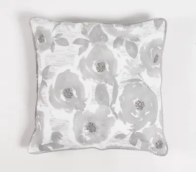 18" Gray and White Floral Cotton Throw Pillow Cover With Beads