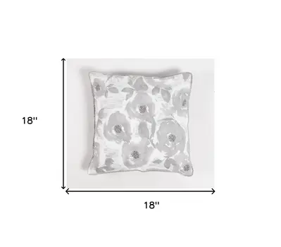18" Gray and White Floral Cotton Throw Pillow Cover With Beads