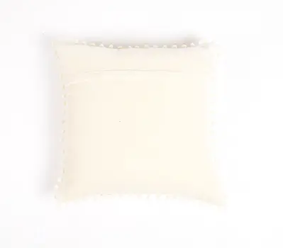 18" Off White Cotton Blend Throw Pillow Cover With Pom Poms