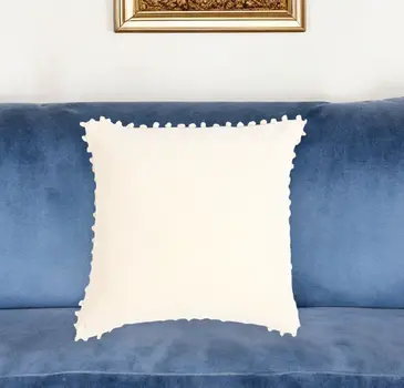18" Off White Cotton Blend Throw Pillow Cover With Pom Poms