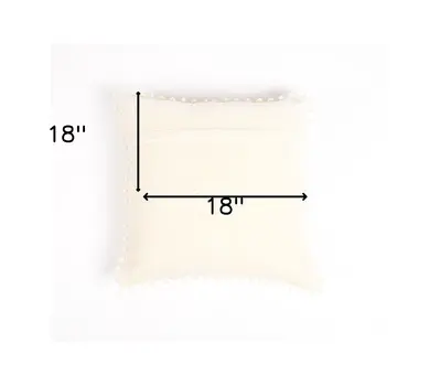18" Off White Cotton Blend Throw Pillow Cover With Pom Poms