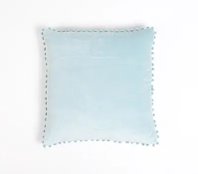 18" Blue Cotton Blend Throw Pillow Cover With Pom Poms