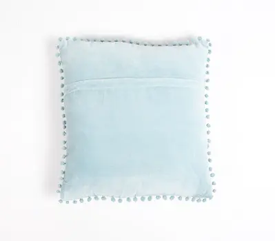 18" Blue Cotton Blend Throw Pillow Cover With Pom Poms