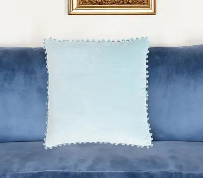 18" Blue Cotton Blend Throw Pillow Cover With Pom Poms