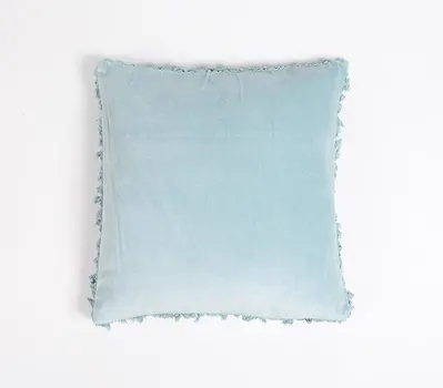 18" Blue Cotton Blend Throw Pillow Cover With Fringe