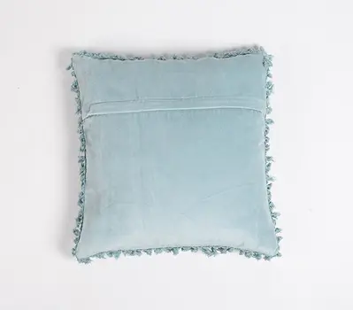 18" Blue Cotton Blend Throw Pillow Cover With Fringe