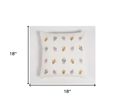 18" Green and White Cactus Cotton Throw Pillow Cover With Embroidery