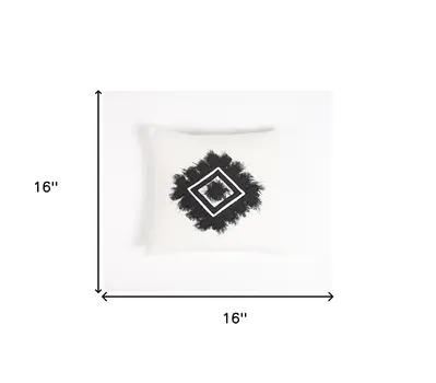 16" Black and White Geometric Cotton Throw Pillow Cover With Embroidery, Fringe