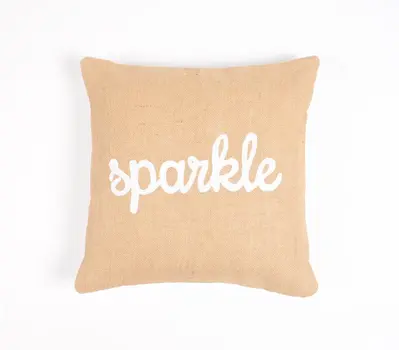 16" Beige and White Jute Throw Pillow Cover With Embroidery
