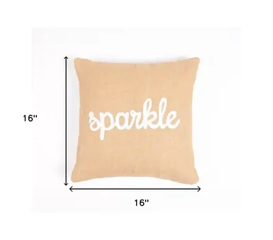 16" Beige and White Jute Throw Pillow Cover With Embroidery