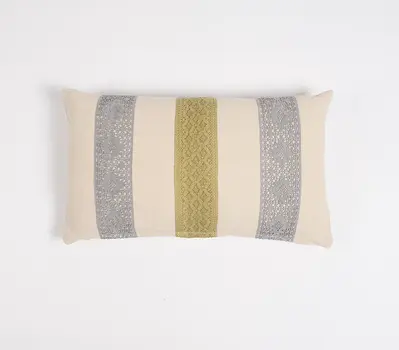 12" X 20" Beige and Green Striped Cotton Throw Pillow Cover With Lace