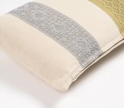12" X 20" Beige and Green Striped Cotton Throw Pillow Cover With Lace