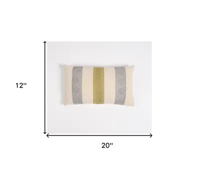 12" X 20" Beige and Green Striped Cotton Throw Pillow Cover With Lace