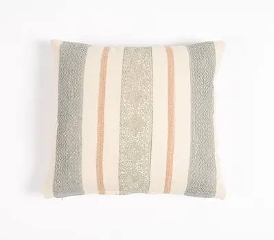 16" Beige and Green Striped Cotton Throw Pillow Cover With Lace
