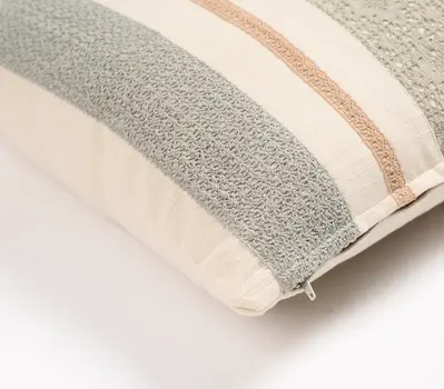 16" Beige and Green Striped Cotton Throw Pillow Cover With Lace
