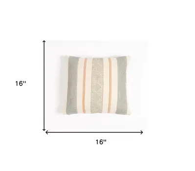 16" Beige and Green Striped Cotton Throw Pillow Cover With Lace