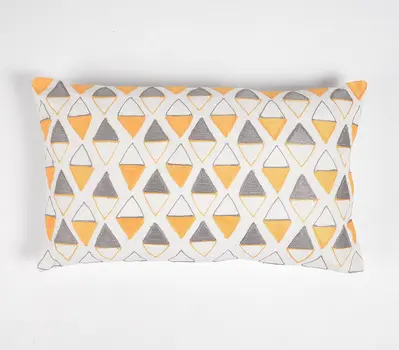 12" X 20" Yellow and White Geometric Cotton Throw Pillow Cover With Embroidery
