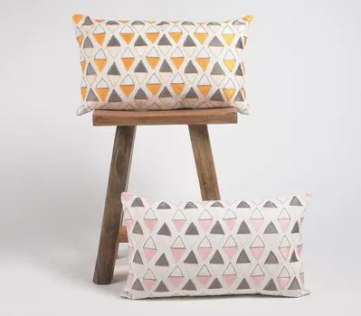 12" X 20" Yellow and White Geometric Cotton Throw Pillow Cover With Embroidery