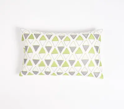 12" X 20" Green and White Geometric Cotton Throw Pillow Cover With Embroidery