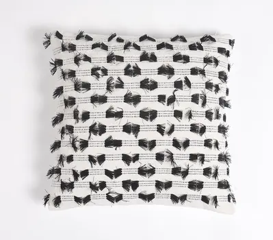 18" Black and White Striped Cotton Throw Pillow Cover With Fringe