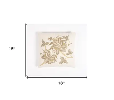 18" Beige and Green Floral Cotton Throw Pillow Cover With Embroidery, Beads