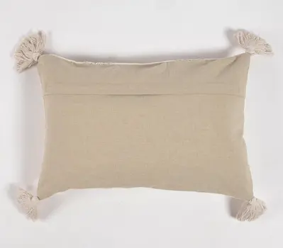 14" X 20" Beige and Green Geometric Cotton Throw Pillow Cover With Embroidery, Tassels